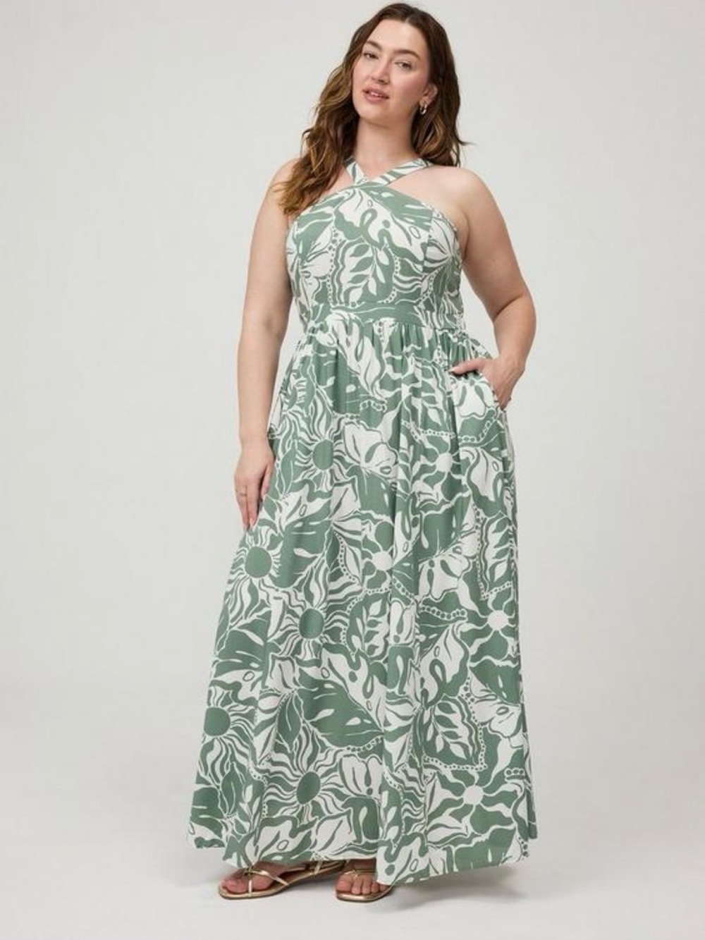 Torrid Green and White Halter Maxi Dress